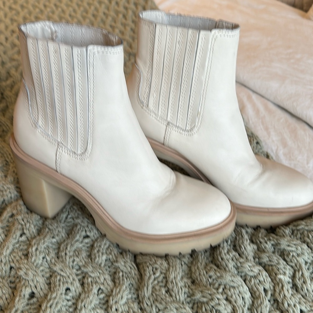 Ankle boots. Cream color with thick, platform heel.